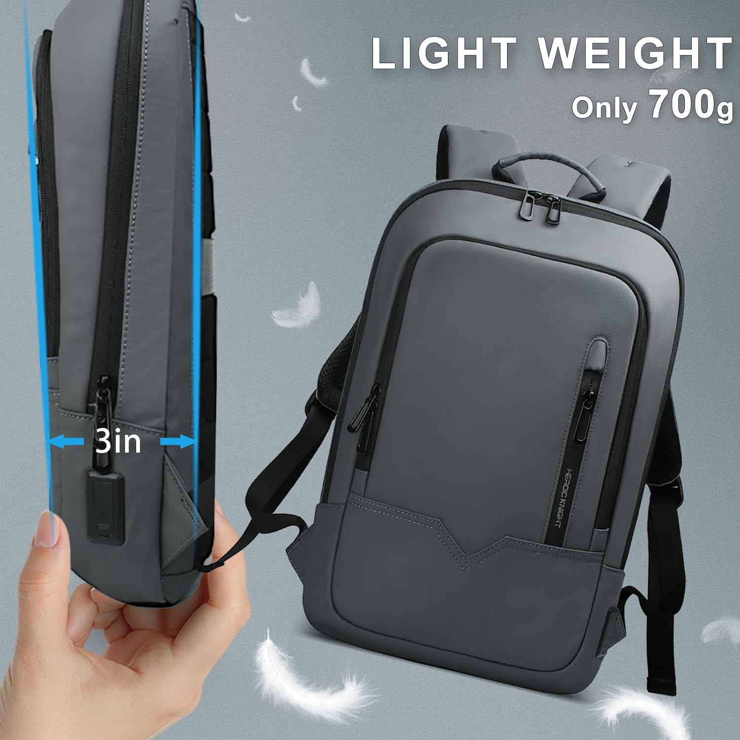 hk Backpack for Men Business Slim Backpack with USB Charger Computer Lightweight Anti-theft Travel (Dark Grey, 15.6 Inch)