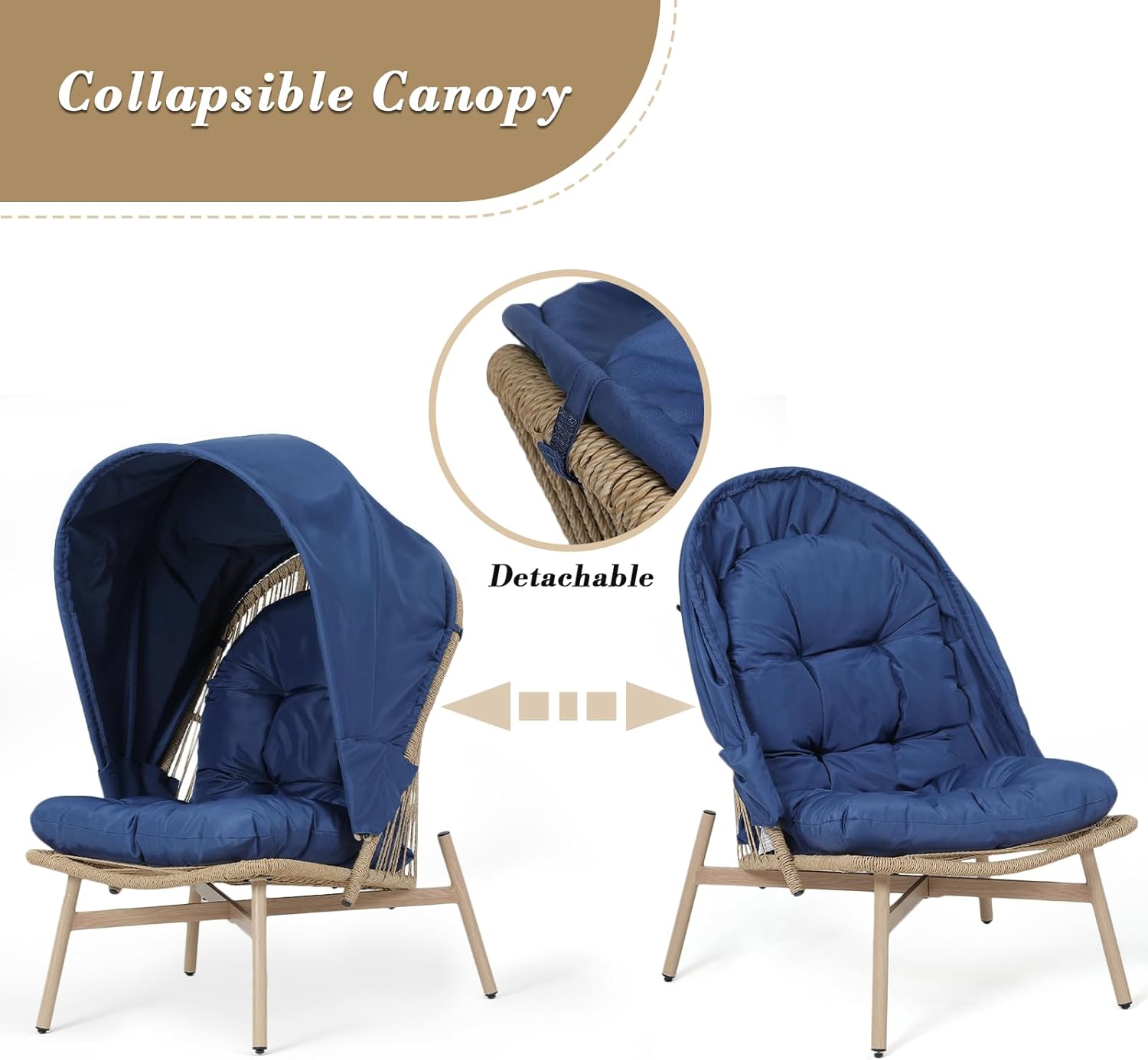 Athena Collection Patio Wicker Egg Chair with Folding Canopy, All-Weather Rattan Patio Lounge Chair with Sun Shade, Balcony Furniture Outside Seating for Front Porch, Garden, Poolside, Outdoor, Blue