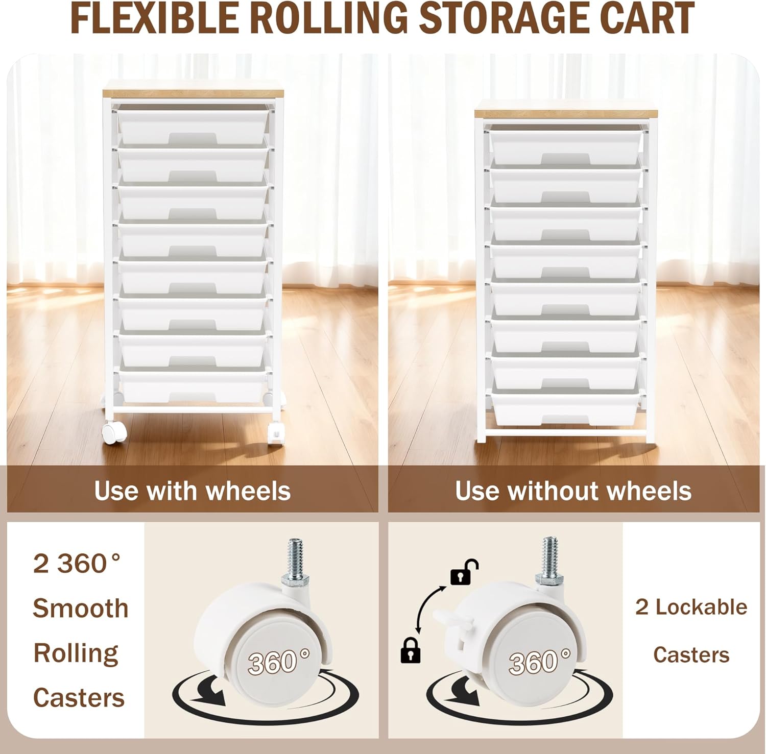 Rolling Cart with 8 Drawers, Storage Drawers Cart with Wooden Tabletop and Lockable Wheels, Craft Storage for Living Room, Office, Classroom, Craft Room, Bedroom - Image 4