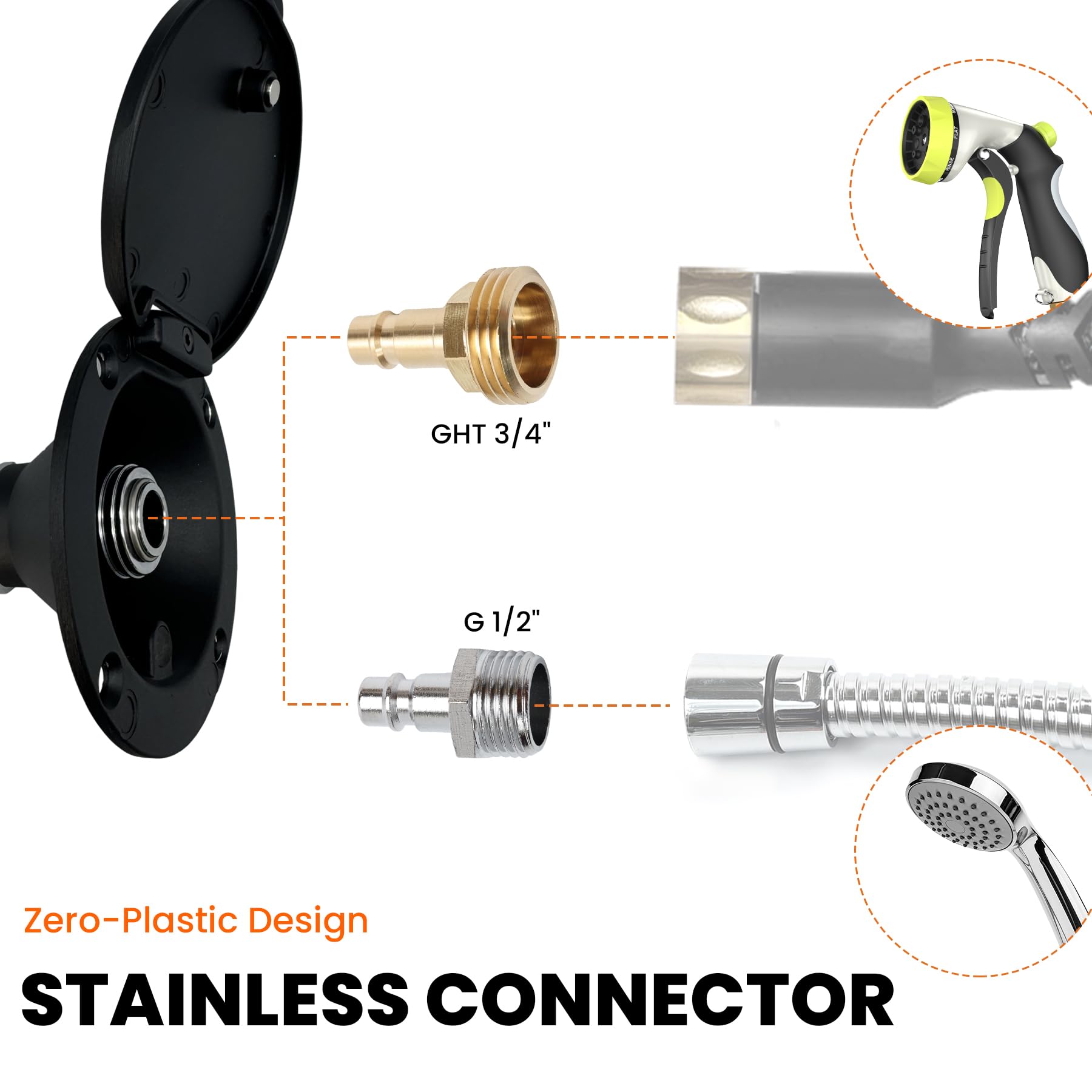 Całkowicie metalowy port natryskowy do kampera z adapterami G1/5.1 cm i GHT 1.9 cm, zewnętrzne podłączenie wody do kampera i przyczepy, szybkozłącze ze stali nierdzewnej, magnetyczna osłona