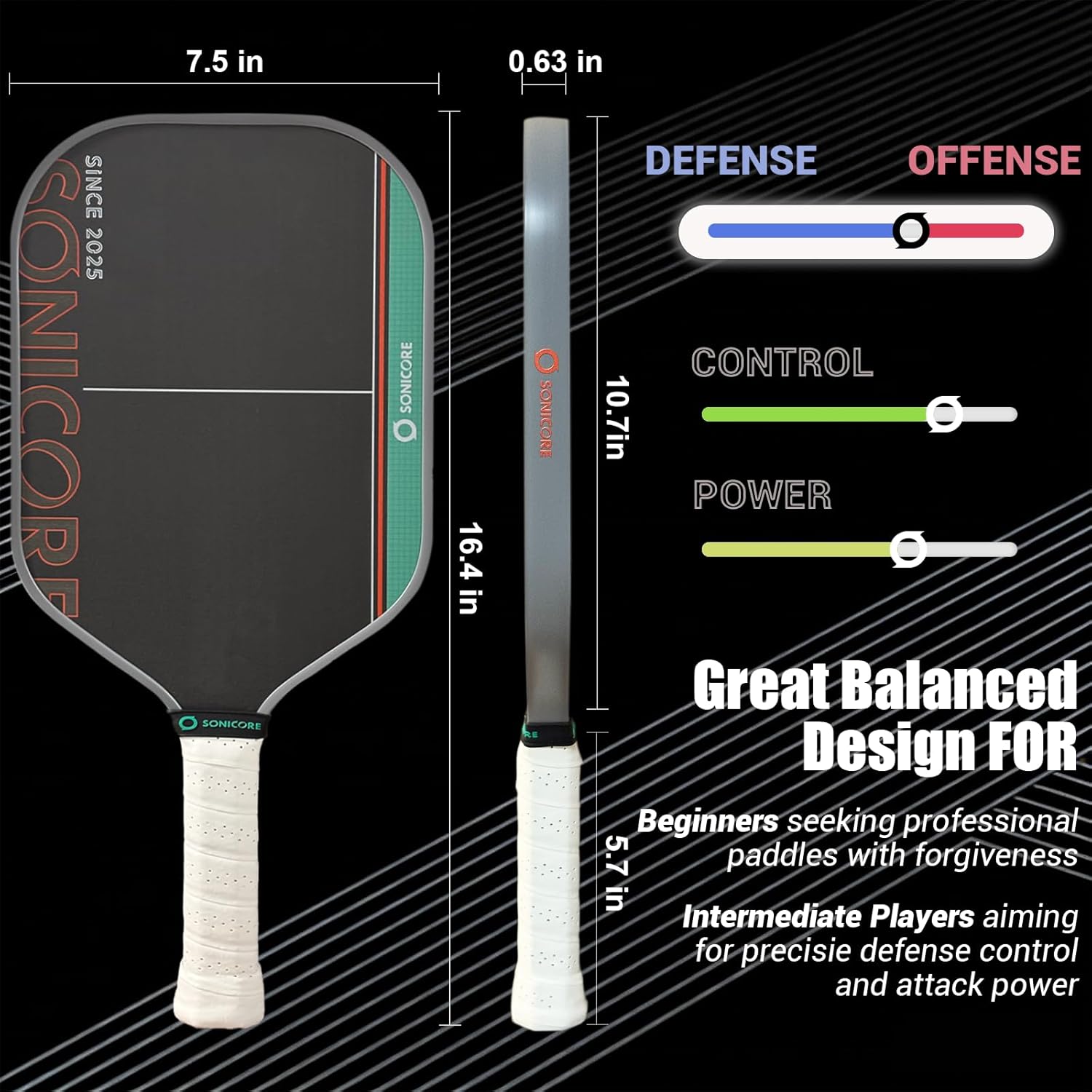 Pickleball Paddle Set, T700 Carbon Fiber, 16mm Core for Control & Spin, Includes 1 Paddle, Paddle Sleeve Cover, 2 Wristbands & 1 Grip Tape | Sonicore CourtVibe