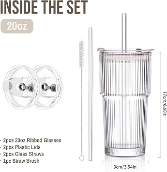 SoulTimes 600ml Glass Cups with Lids and Straws, Ribbed Glass Tumbler for Iced Coffee, Smoothie, Juice & Cold Drinks, Reusable Thick Glassware Set, Elegant Home & Travel Drinkware【2 Pack】
