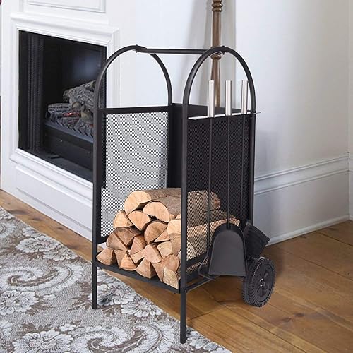 ART TO REAL Carrito de leña con ruedas, estante de leña con 3 herramientas, soporte para troncos de chimenea, soporte para leña negro, juego de
