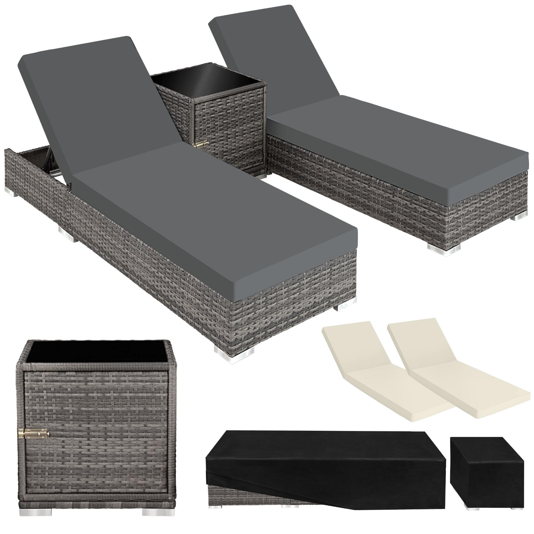 TecTake® Set 2 Tumbonas de Ratán y Aluminio + Mesa Jardín, Tumbonas Piscina Respaldo Regulable, Tumbonas Playa Resistente a la Intemperie, Fundas Intercambiables, Funda Protectora - Natural