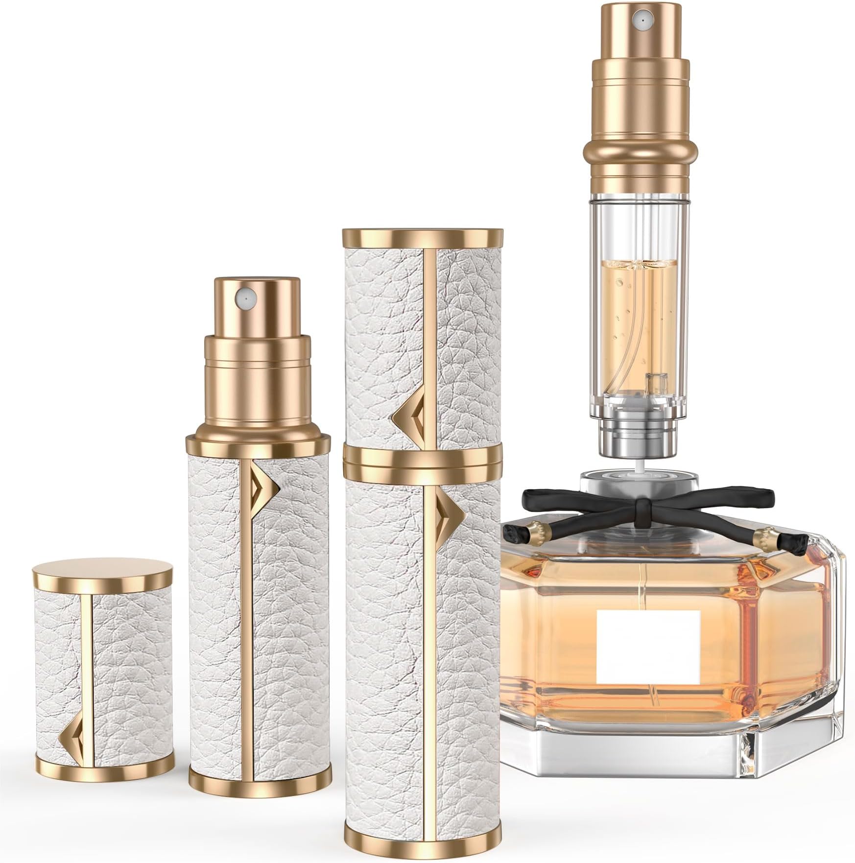Perfume Travel Refillable Bottle,Genuine Leather Bottom-Filling Fragrances Perfume Atomizer,Mini Cologne Dispenser,Portable Sprayer Pocket Size for Cruise Car Trip Purse Gift 5ml (White)