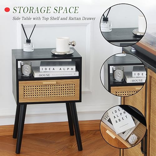 Miniatura 4 de MaxSmeo Mesa auxiliar con almacenamiento estilo mitad de siglo con cajón de ratán y estante, mesita de café pequeña de madera para espacios