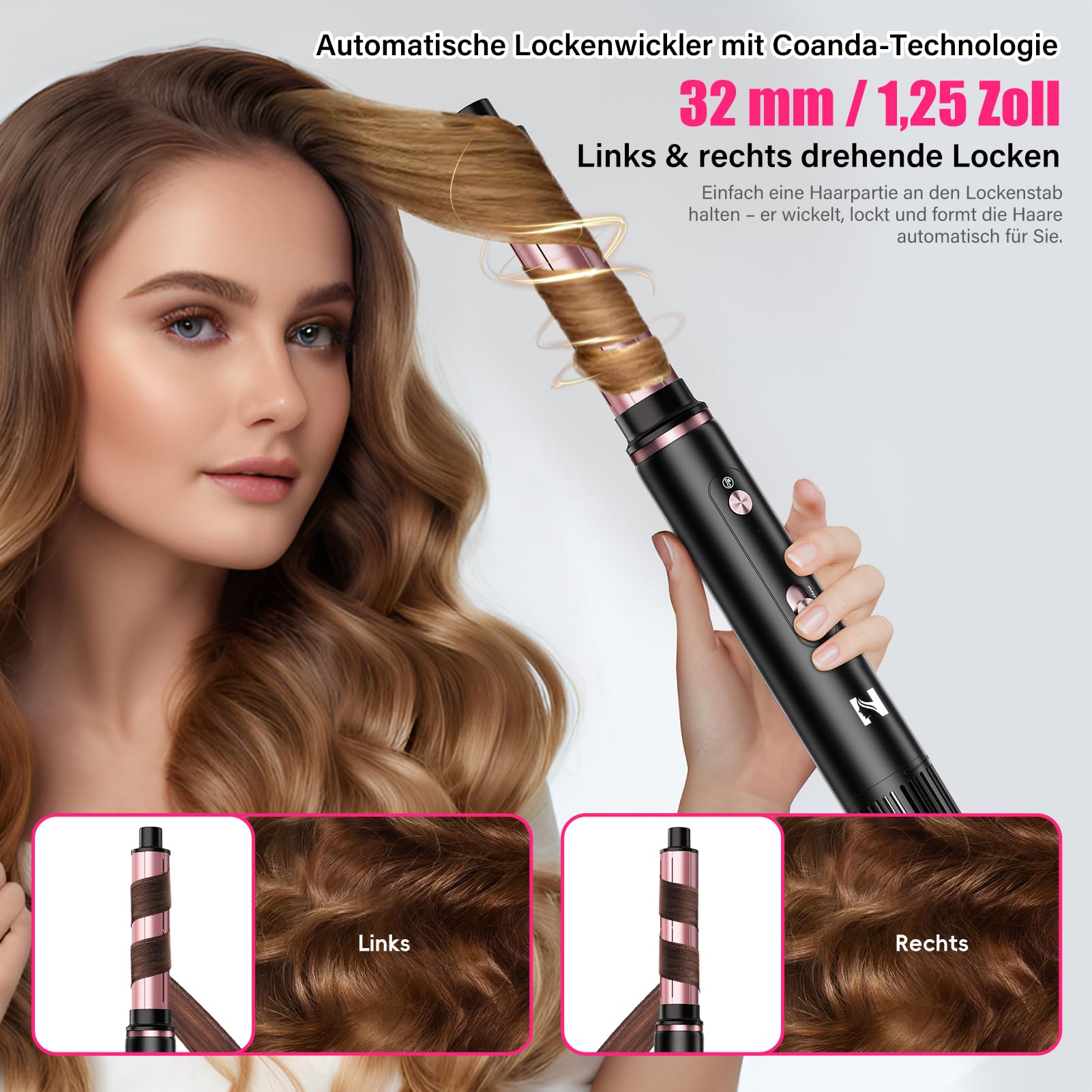 NICEBAY 6-in-1 Airstyler mit 110.000 U/min BLDC Motor, Negativ-Ionen Hairstyler, 1300W Haartrockner Warmluftbürste - Schwarz/Roségold