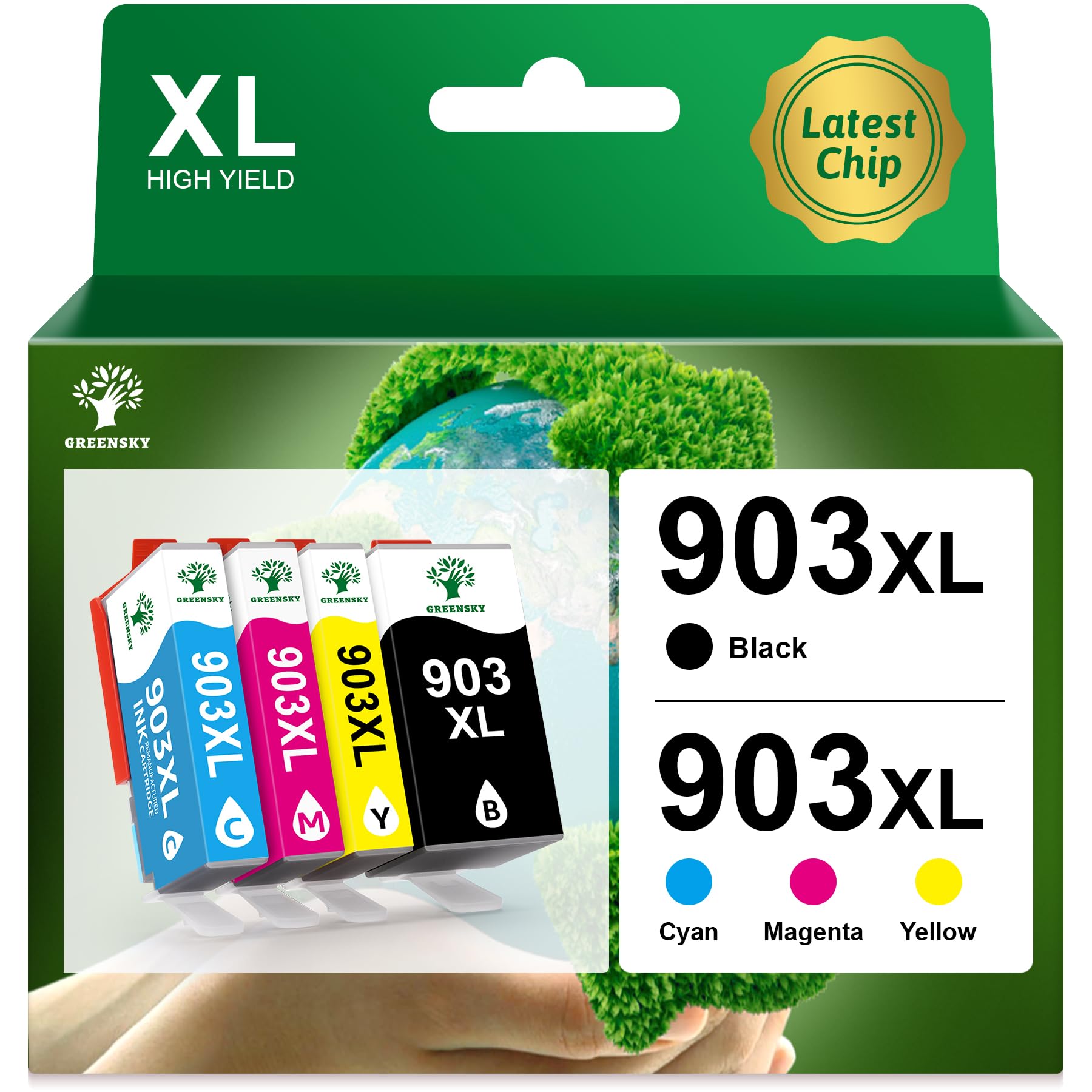 GREENSKY Cartucce 903 XL Compatibile cartuccie per HP 903 XL Multipack 903XL Cartucce per HP Officejet 6950 6960 Officejet Pro 6960 6970 All-in-One Stampante (Nero, Ciano, Giallo, Magenta, 4-Pack)