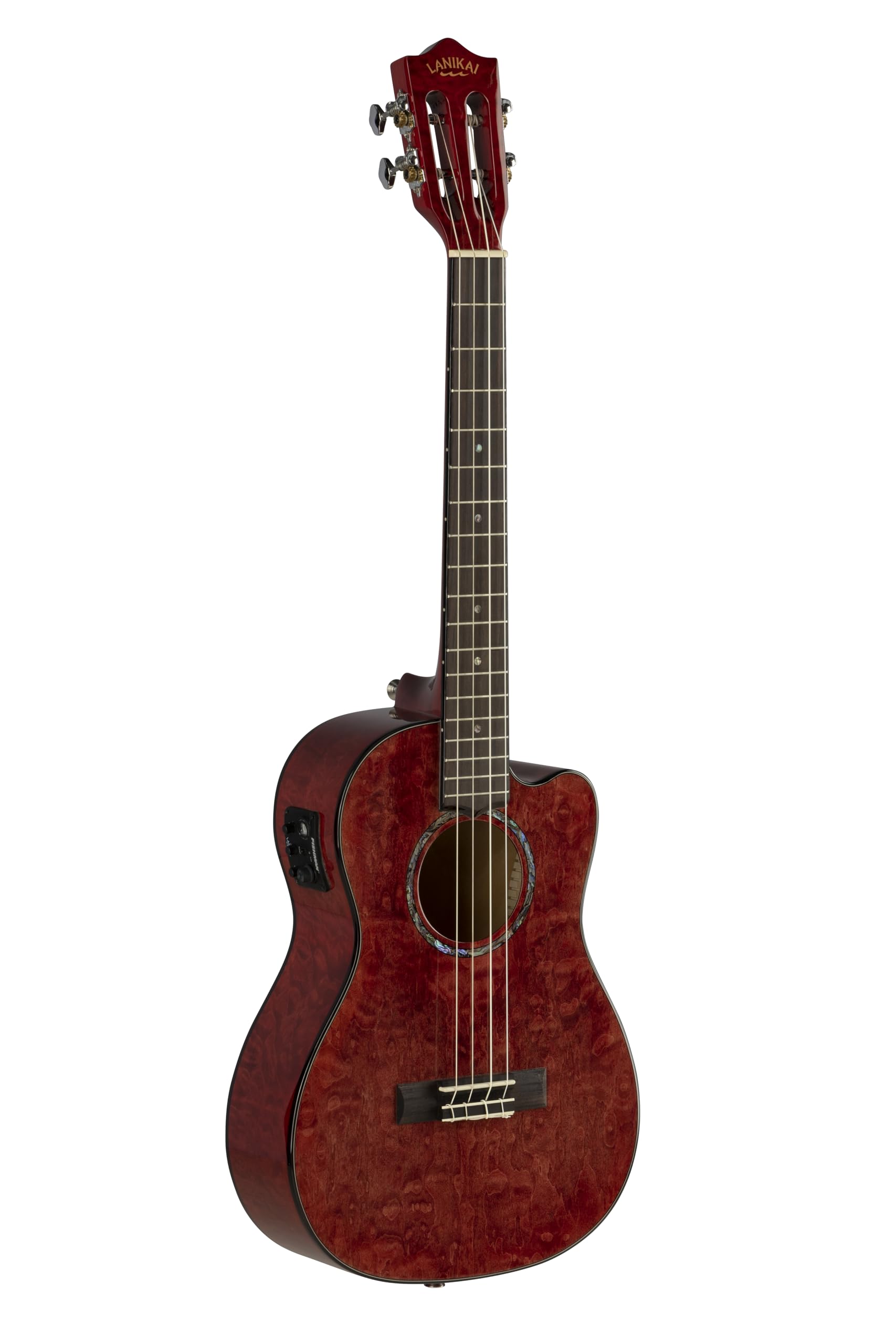 Lanikai QM-RDCEB - Ukulele baritono con custodia in schiuma trapuntata color acero rosso