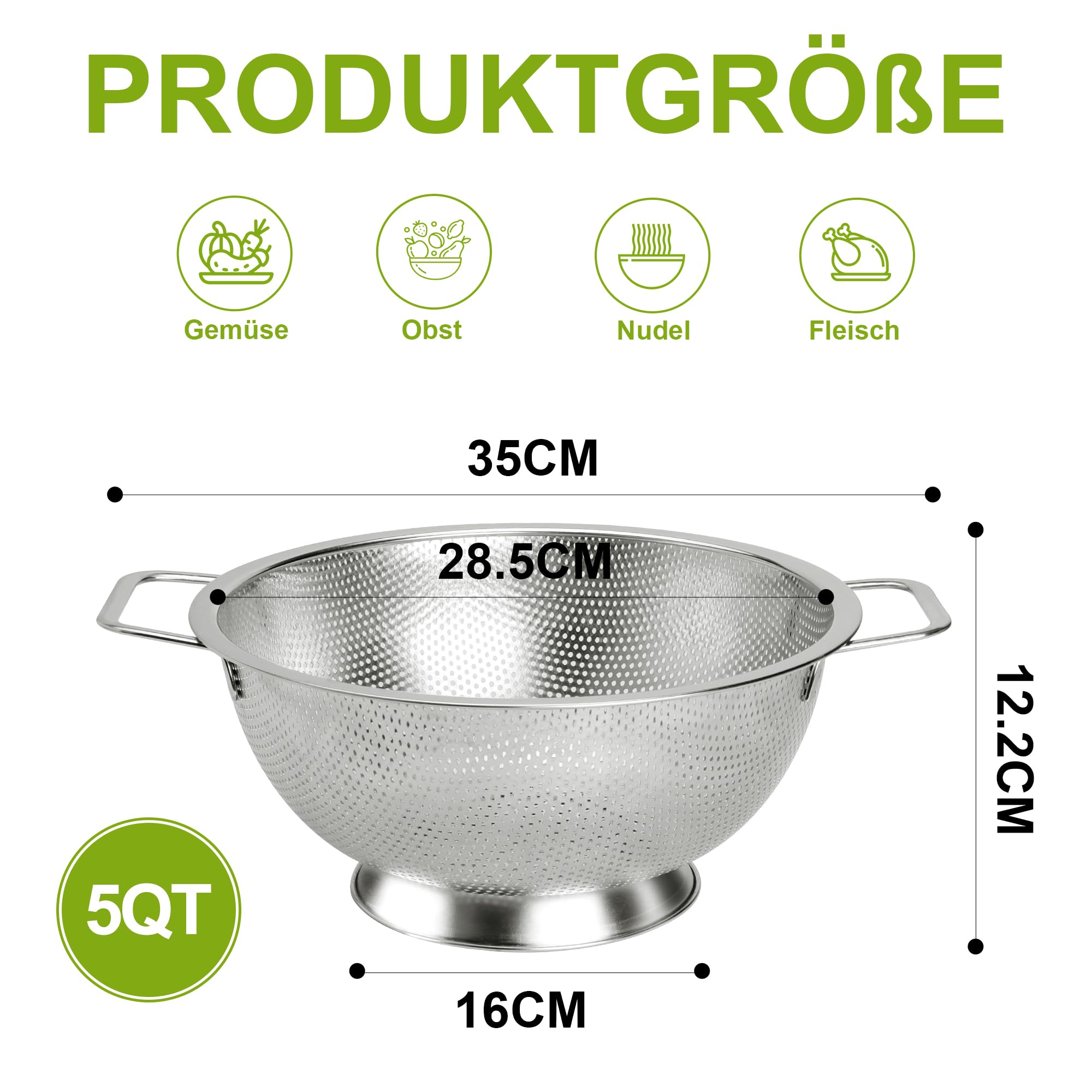 YC Kitchen Colapasta in Acciaio inox, Scolapasta da Cucina in Acciaio inox con Manici, Colino,Lavabile in Lavastoviglie,28,5cm