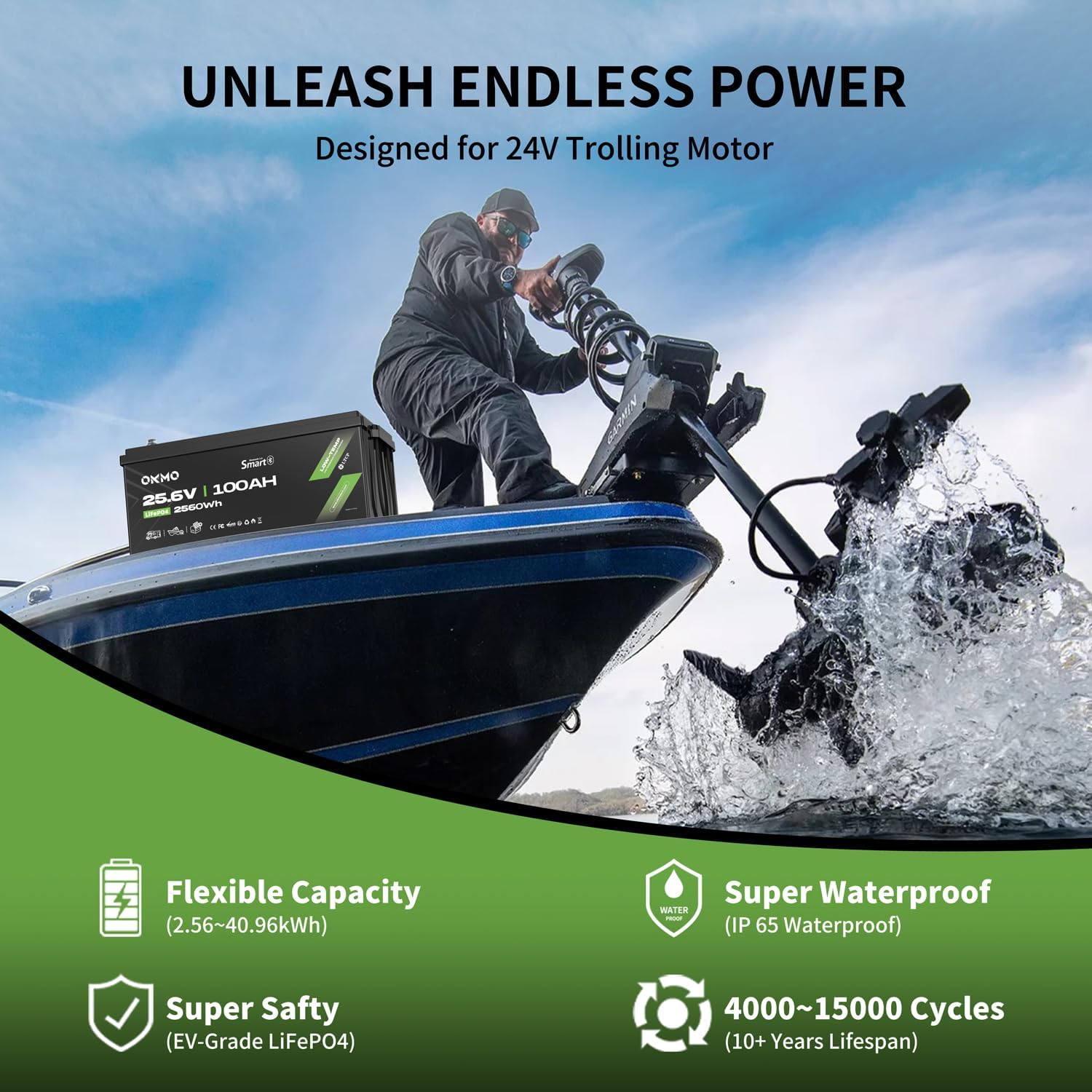 OKMO 24V 100Ah LiFePO4 Lithium Battery 2560Wh with Bluetooth for Marine, Trolling Motor, RV, 10 Years 15000+ Deep Cycles, 25.6V Iron Phosphate for Home Solar Energy Storage Off-Grid