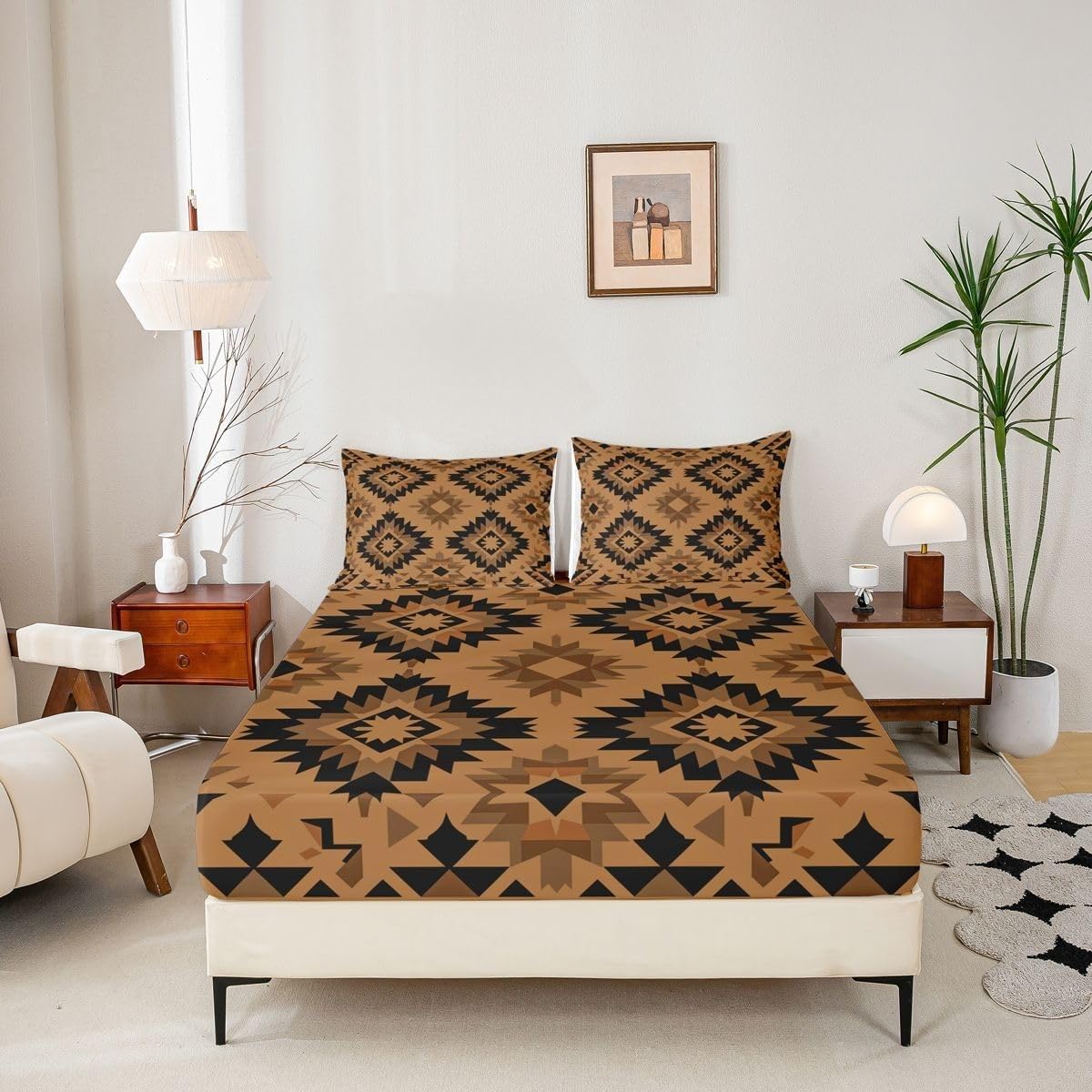 Retro Single Fitted Sheet Geometric Bed Sheets Deep Pocket 12 inch (30 cm) Soft Cozy 3 Piece Microfibre Bed Sheet 90x190 cm with 2 Pillowcases 50x75 cm