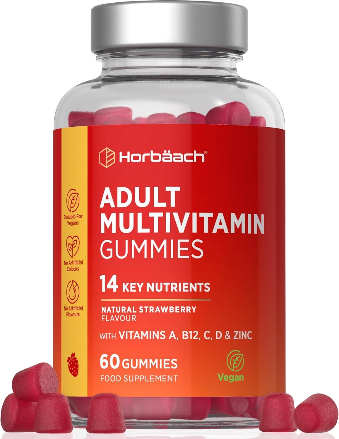 Multivitamin Gummies | met 14 essentiële Vitamines en Mineralen bevat vitamine A, C, D, B12 en meer | voor Mannen en Vrouwen | Aardbeiensmaak | Horbaach