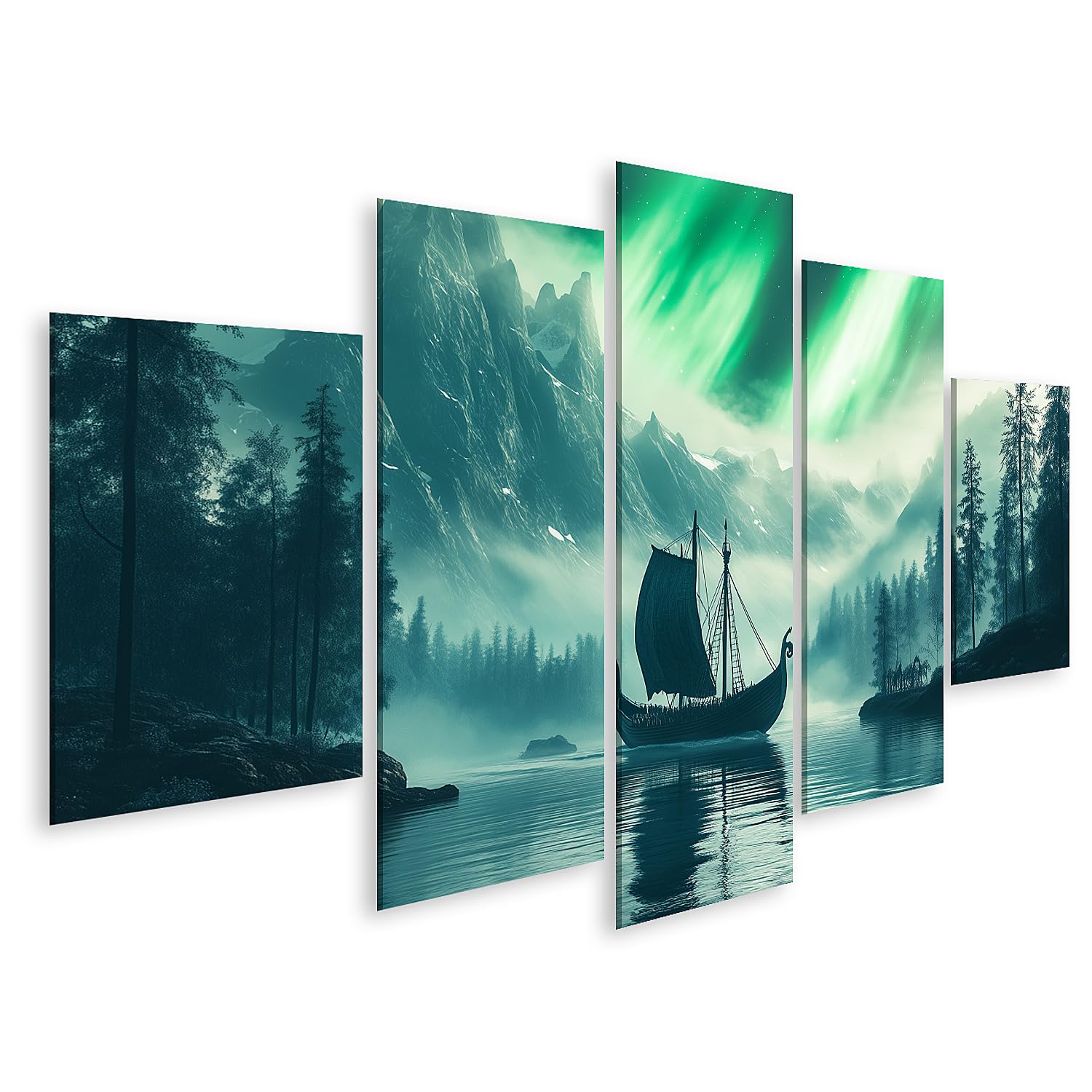 islandburner Bild auf Leinwand Nordlichter Über Einem Wikinger Schiff Bilder Wandbilder Poster