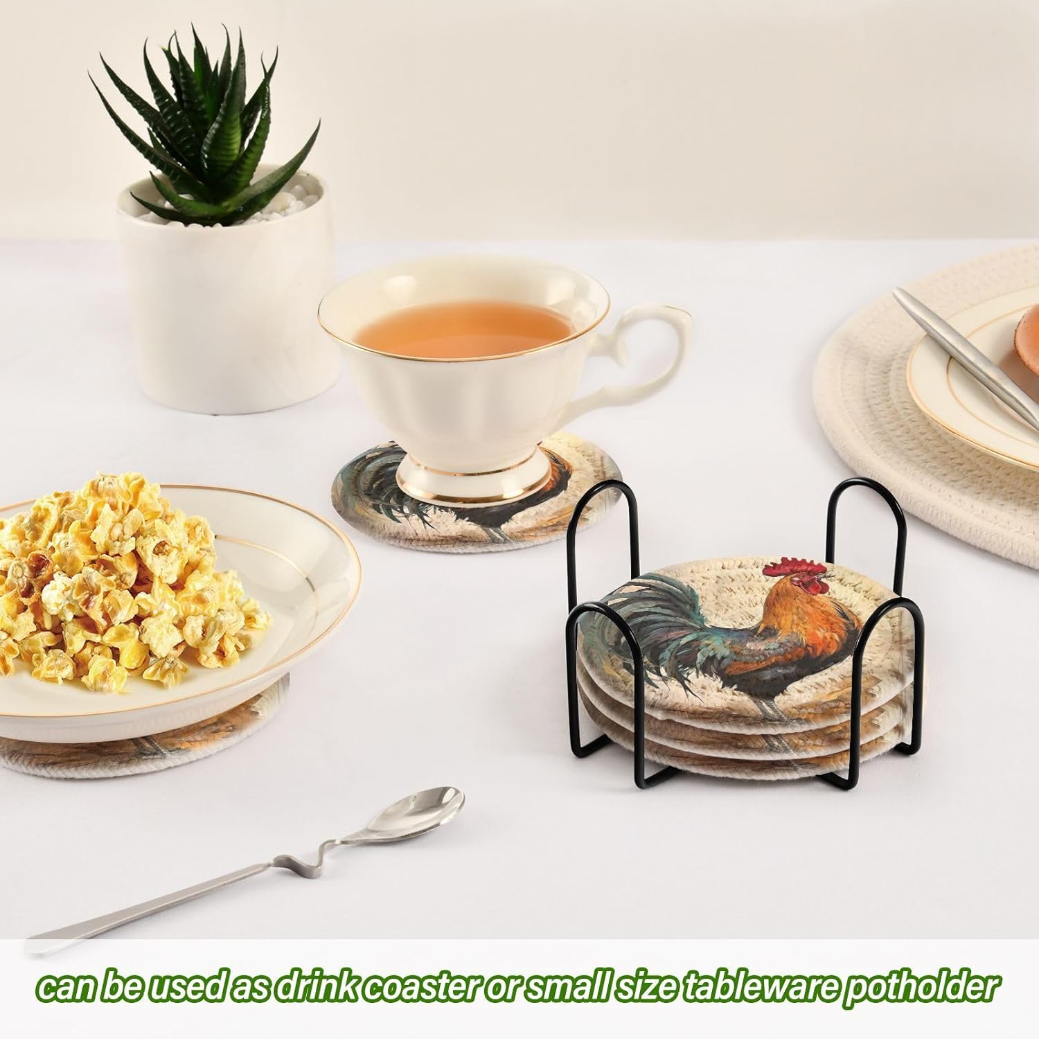 Retro Style Farmhouse Rooster Cotton Cup Coasters with Holder Absorbent Drink Coasters Set for CoffeeTabletop Protection Housewarming Gift Home Decor 6 Pcs - Image 6