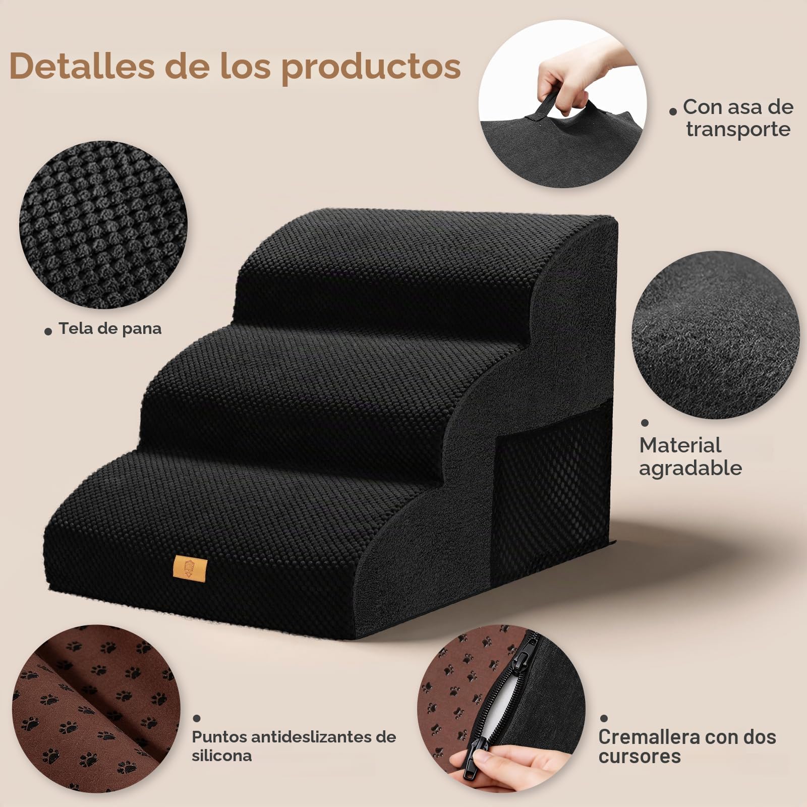 Escalera para Perros pequeños, Escalera para Mascotas, 3 peldaños, Esponja de Alta Densidad, 40 cm de Alto con Funda Impermeable, Antideslizante para sofá Cama, Color Negro