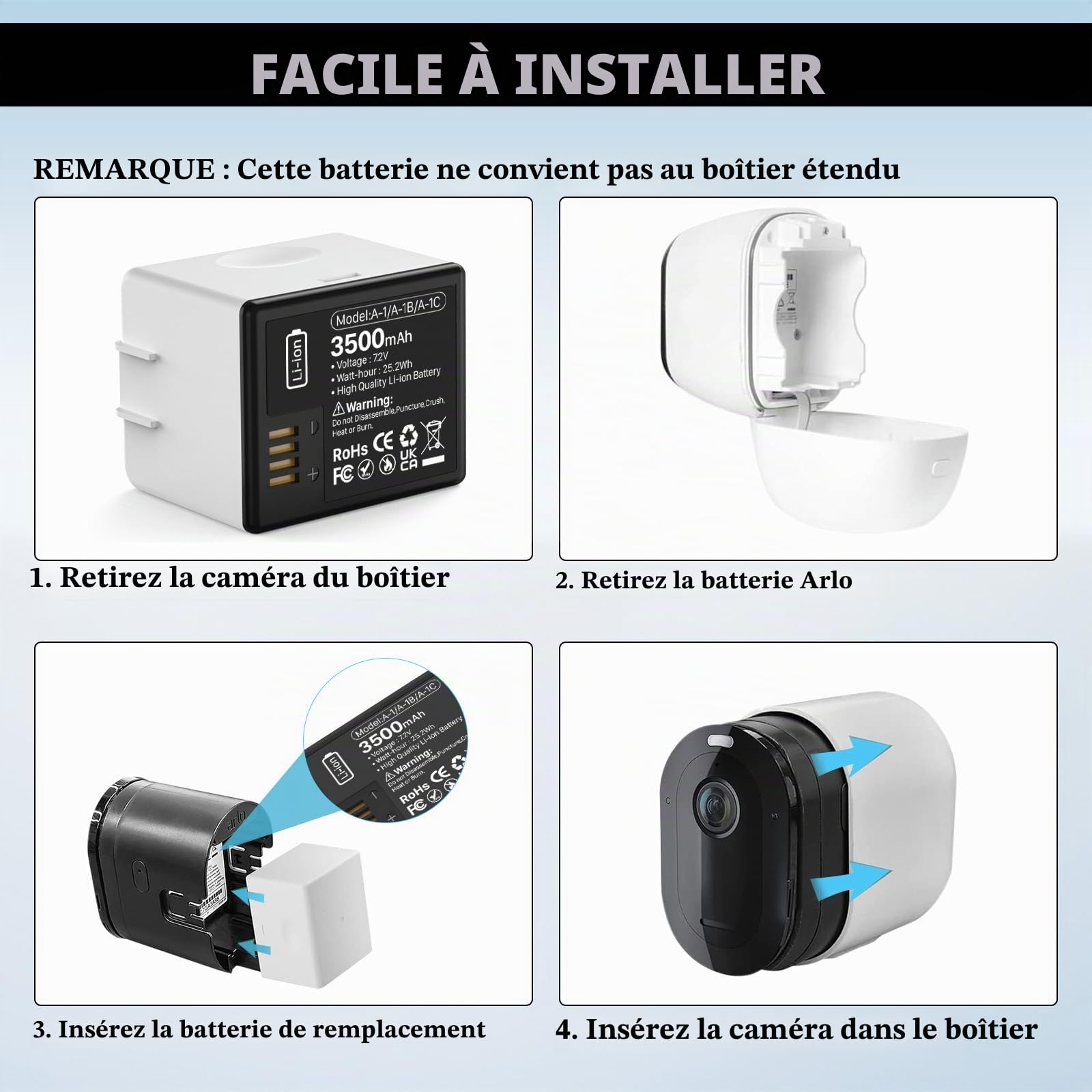 3500mAh Batterie pour Arlo Pro, Pro 2, 2026 Nouvelle Batterie de Remplacement Haute capacité Compatible with Caméra A-1 caméras VMA4400 VMC4030 VM4230 VMS3230 VM4030 (Lot de 1)