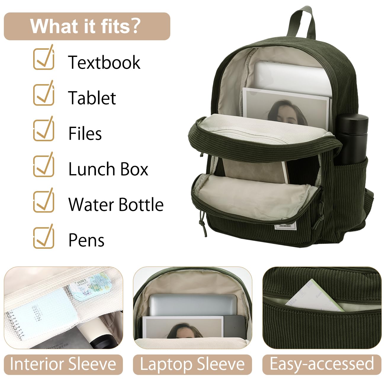 VASCHY Zaino Unisex in Velluto a Coste, Leggero Zaino Scuola Media e Superiore con Tasche Multiple e Scomparto Imbottito per Laptop 15,6 pollici Verde Scuro