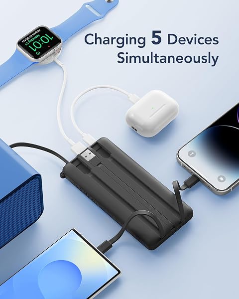 VRURC Portable Charger with Built in Cables, Slim Power Bank 10000mAh, USB C Travel Battery Pack, 5 Output 2 Input External Charging Bank for iPhone 17 16 15 14 13,Samsung,Android-Black(1 Pack) - 3