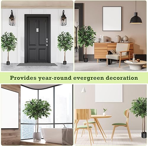 Miniatura 6 de Tigeen 4 piezas de árbol de ficus artificial de seda sintética de 4 pies y 5 pies con hojas realistas, tronco natural y maceta de plástico para