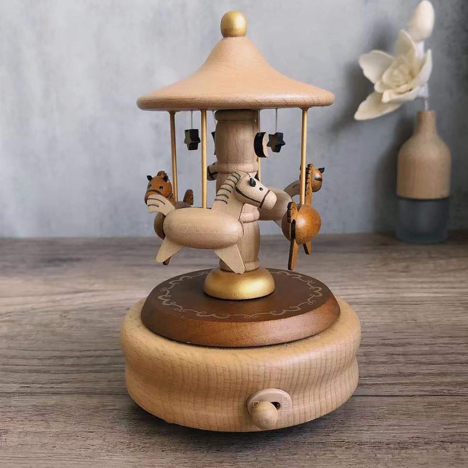 Wooden Music Box, Rotate Wood Horse Musical Box Desk Ornament for Birthday Wedding (Beige B)