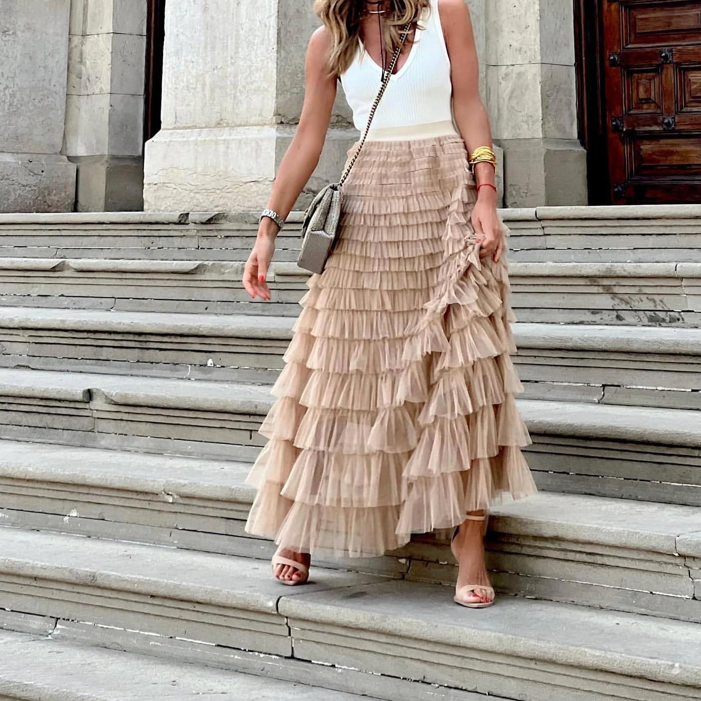 LIXINGHEITANG Skirt Women Tight Waist Long Loose Elegant A Line Skirts Casual Summer Office Lady Beach Slim