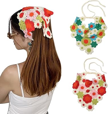 AWAYTR Crochet Bandana Head Kerchief Hair Scarf 2Pcs Knitted Hair Scarves Crochet Hair Kerchief Tie Bcak Headwrap Floral Hair Bandanas for Women Girls Scarf Flowers (Red+Green)