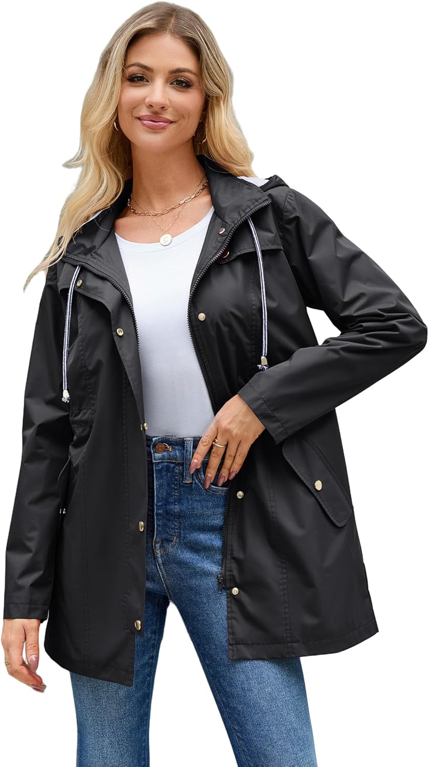 Hount Women Rain Jacket Lightweight Waterproof Raincoat Lined Outdoor Hooded Windbreaker Trench Coat - Image 2