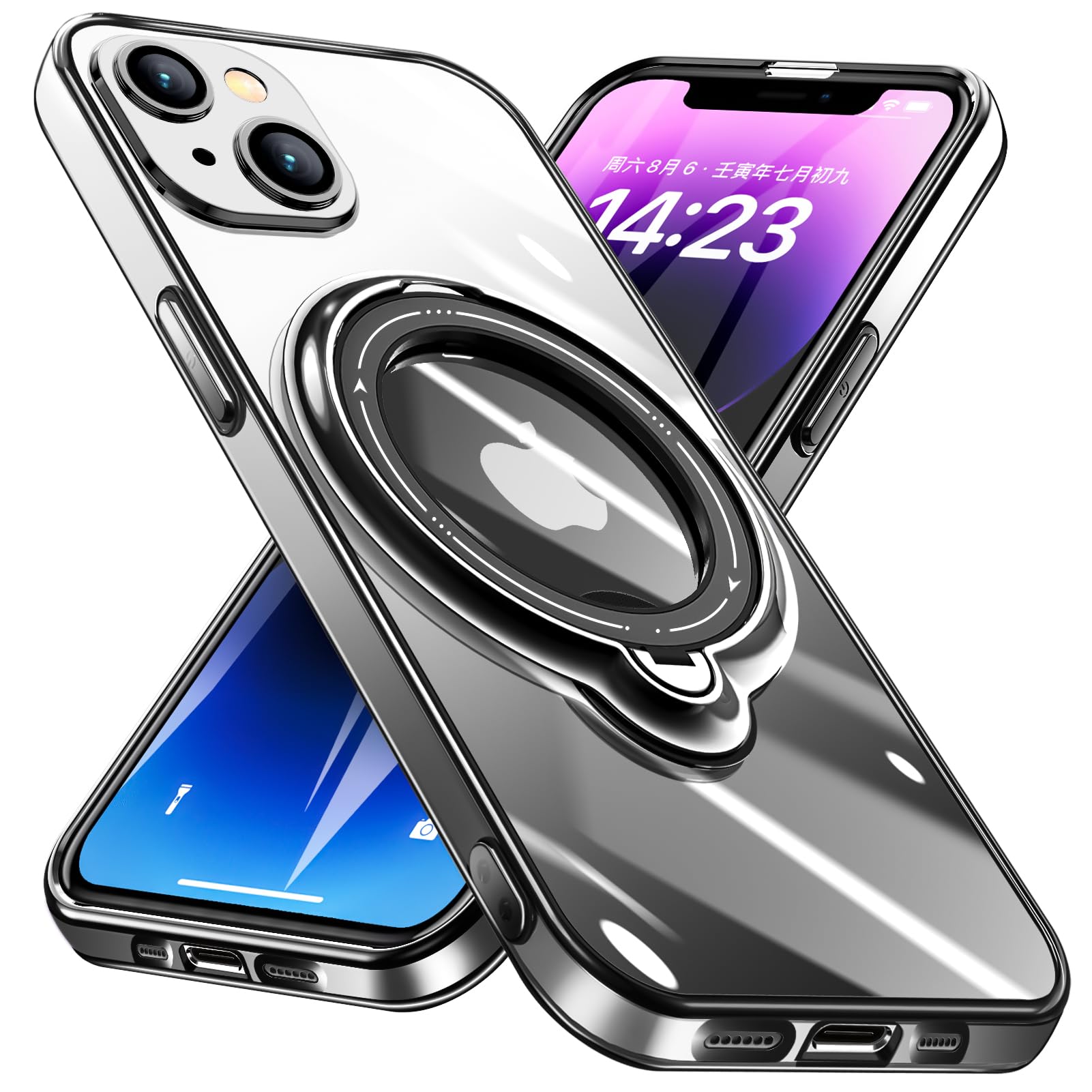 iPhone 13 用 ケース リング付き クリア磁気ケース 耐衝撃 Magnetic 対応 レンズフィルム 良好な光透過率 スタンド機能 角度調整可能 透明 TPU 指紋防止 落下防止 防塵 薄型 軽量 一体型 変形防止 全面保護カバー アイフォン用 ケース 黒 W-DDCX-33-07