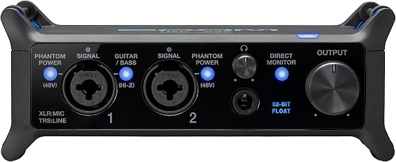 ZOOM UAC-232 Professional 32-bit float audio interface for music production, podcasting, and livestreaming, clip-free and low noise, black & blue