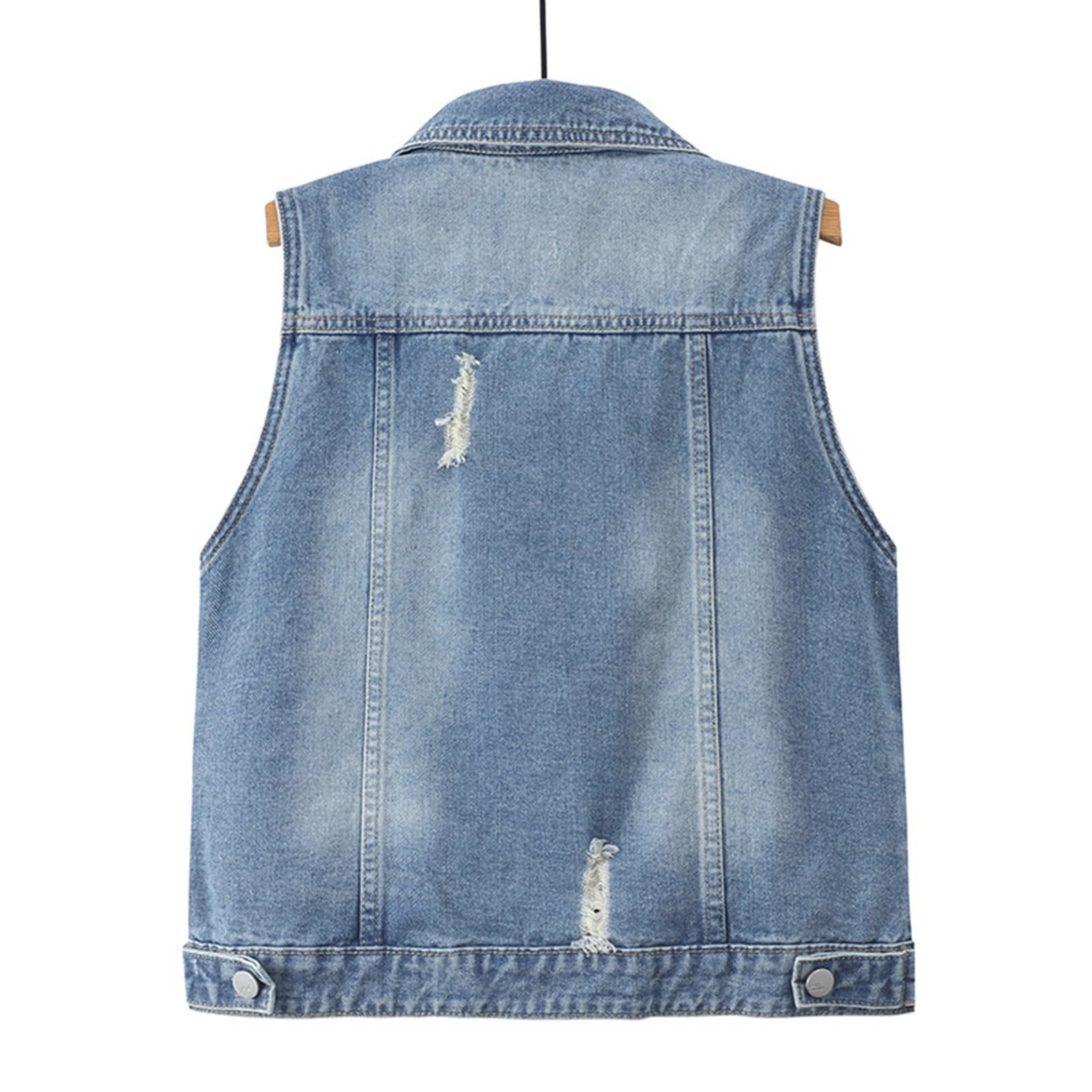 WWricotta Chaleco vaquero para mujer, medio corto, chaqueta sin mangas, desgastado de algodón, ideal para primavera y verano, varios lavados, estilo casual, femenino