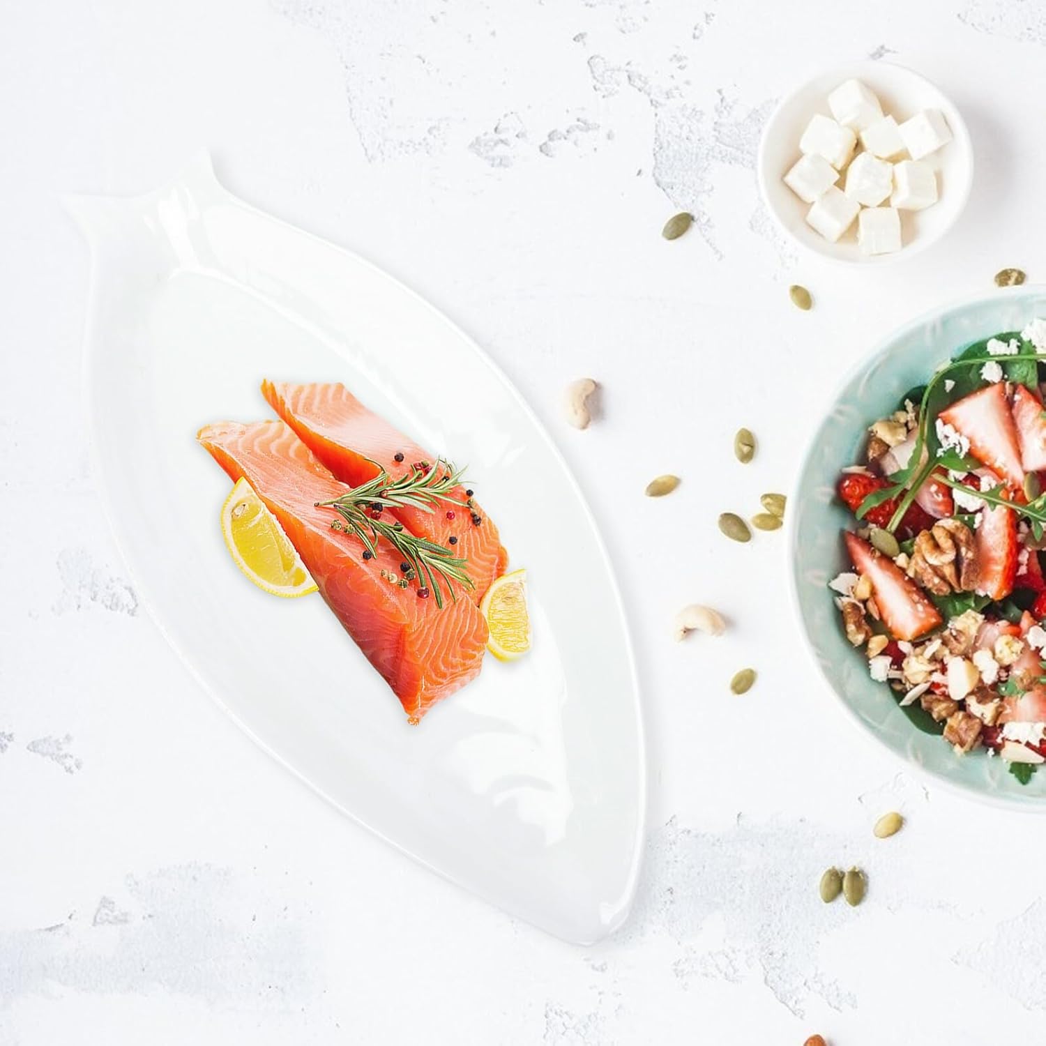 Pure White Irregular Fish-shaped Ceramic Steamed Fish Plate 13-inch 31cm Deep Serving Dish for Home Kitchen Dining