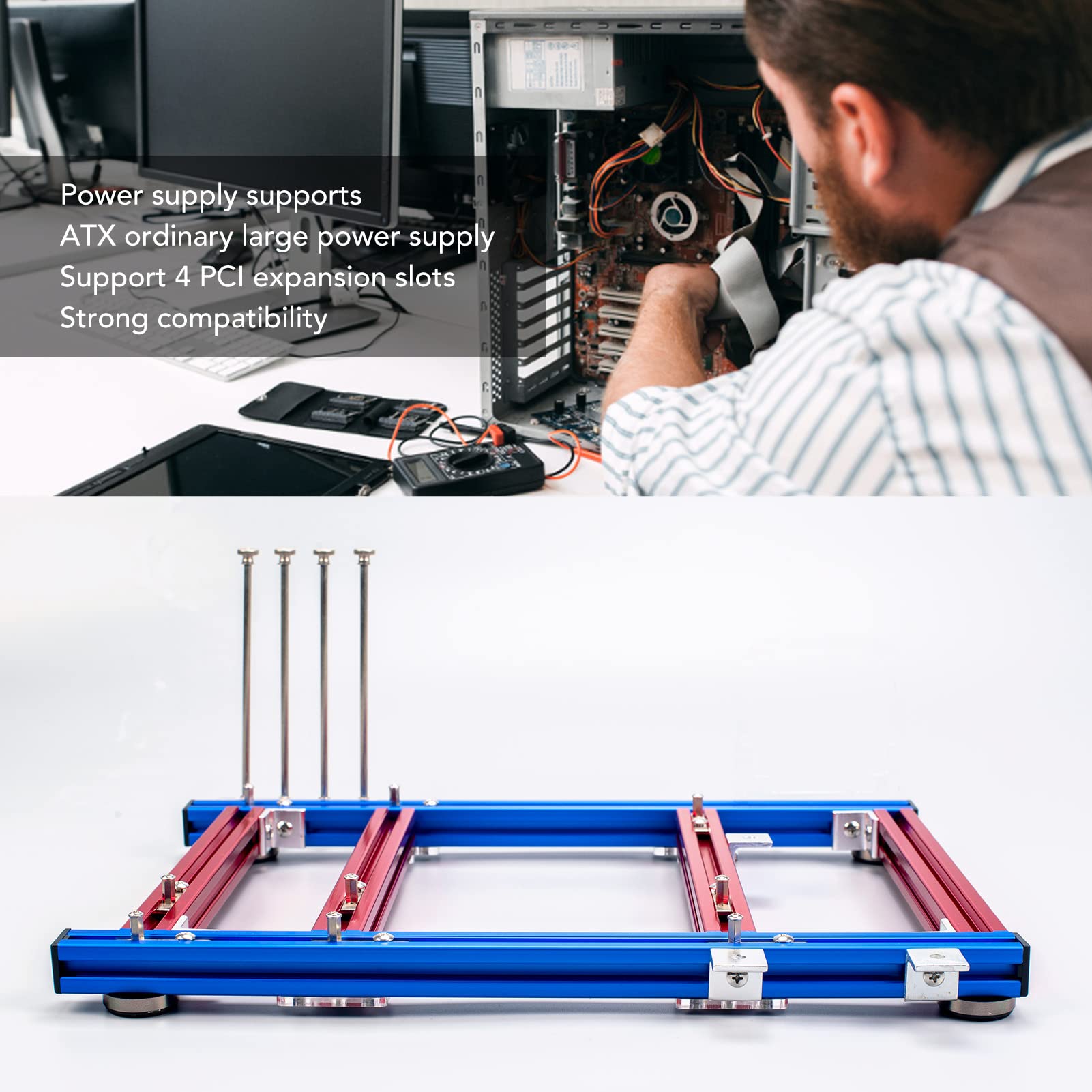 Bewinner MATX PC-Gehäuse mit Offenem Rahmen – Aluminium-DIY-Barebone-Chassis mit Hervorragender Wärmeableitung, Unterstützt ATX-Netzteil und 4 PCI-Steckplätze (Blau Rot)