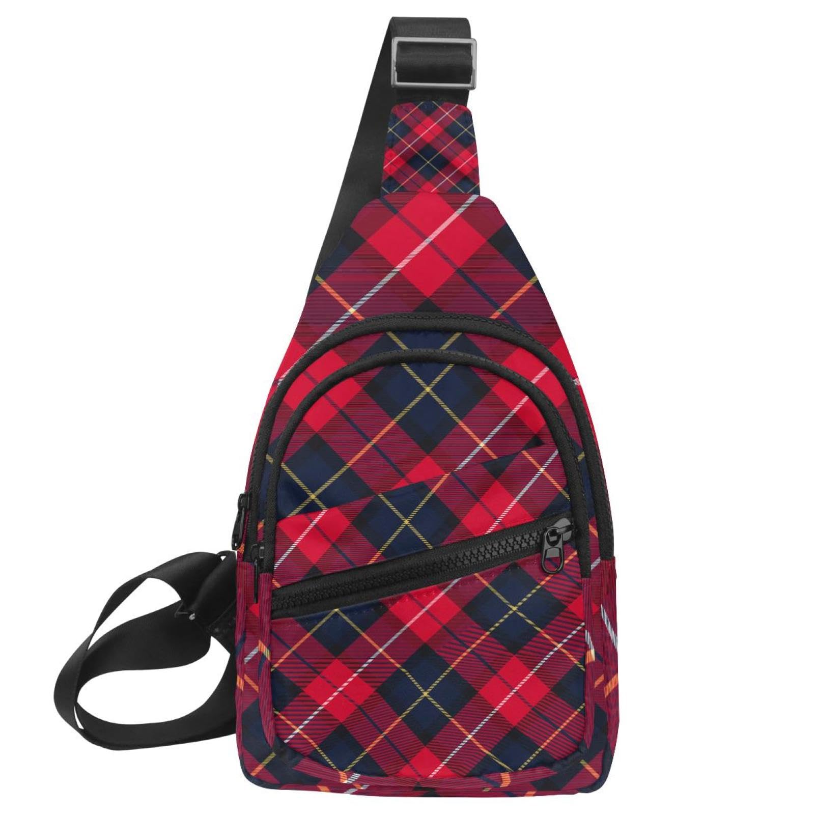 Sac à bandoulière à carreaux rouges et bleu marine pour femme et homme 30x18cm