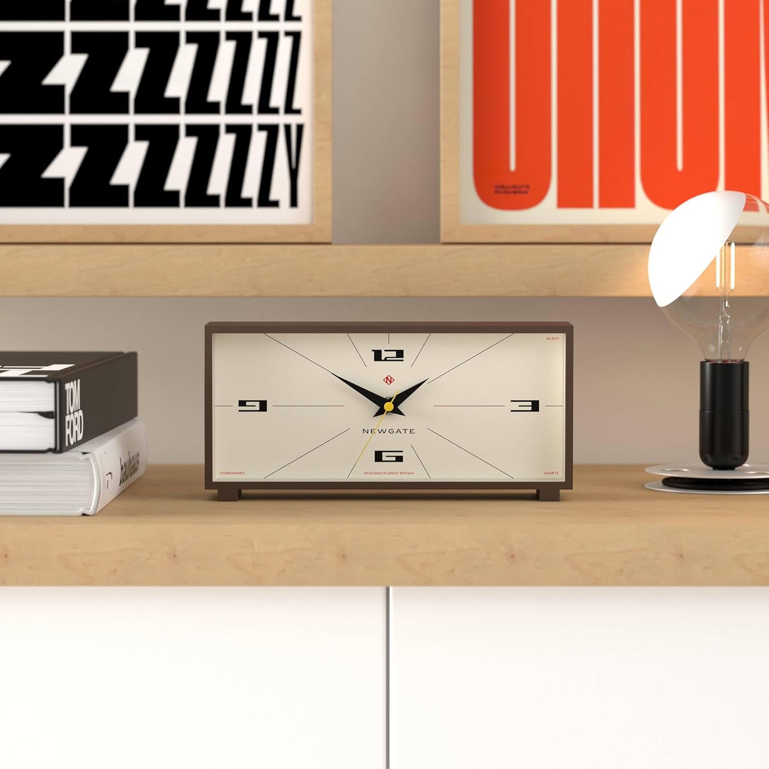 NEWGATE® Thunderbird Desk Clock | Retro Contemporary Rectangular Design | Mocha Brown | Modern mid-Century Style for Desk, Mantel, Table top or Shelf