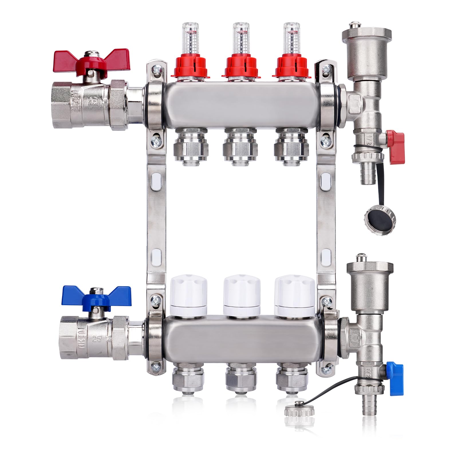 3 circuitos de calefacción | Distribuidor de circuito de calefacción con Eurokonus 3/4 (16 x 2 mm) | Válvulas de bola de 1" | Suelo radiante con válvula de ventilación manual, medidor de flujo | 30 x