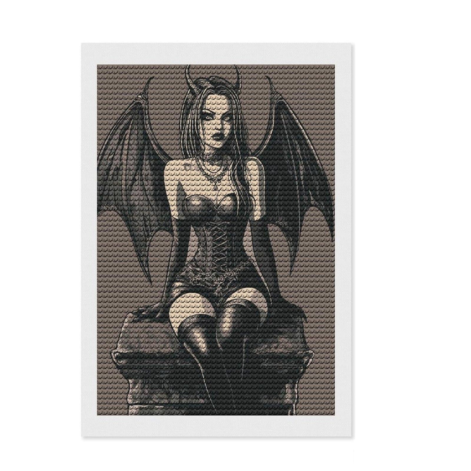 Junmoney Dark Angel Illustration Diamond Painting Canvas Kit 8"x12", Christmas Gift, for Women, with Tool Kit, Relaxing Handmade Project