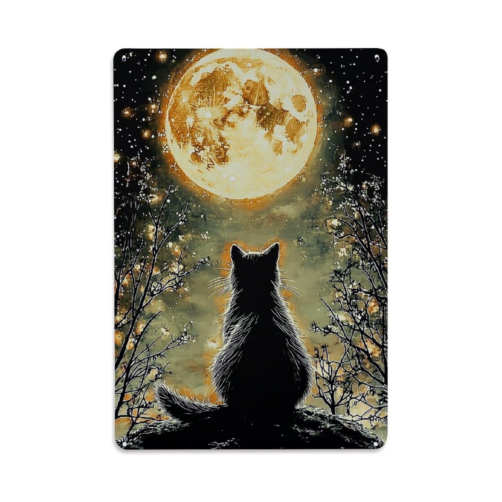 Bliveurn Vintage Cat Silhouette Under Full Moon Retro Metal Tin Sign, Metal Poster For Home, Gaming Room, Studio Workshop,Bar,Garage Wall Art Decor 8X12 Inch