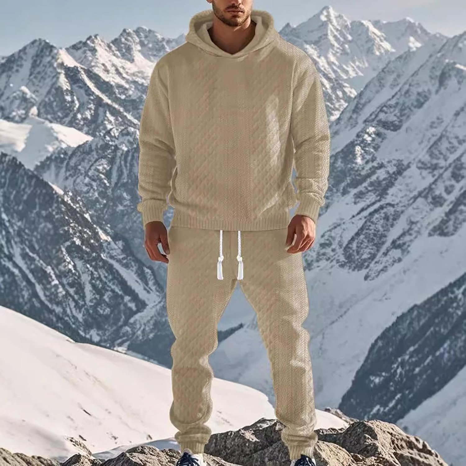 Mens 2 Piece Jacquard Knit Outfits Jogging Pullover Sweatshirts Joggers Sweatpants Set Tracksuits Sweatsuit Sets
