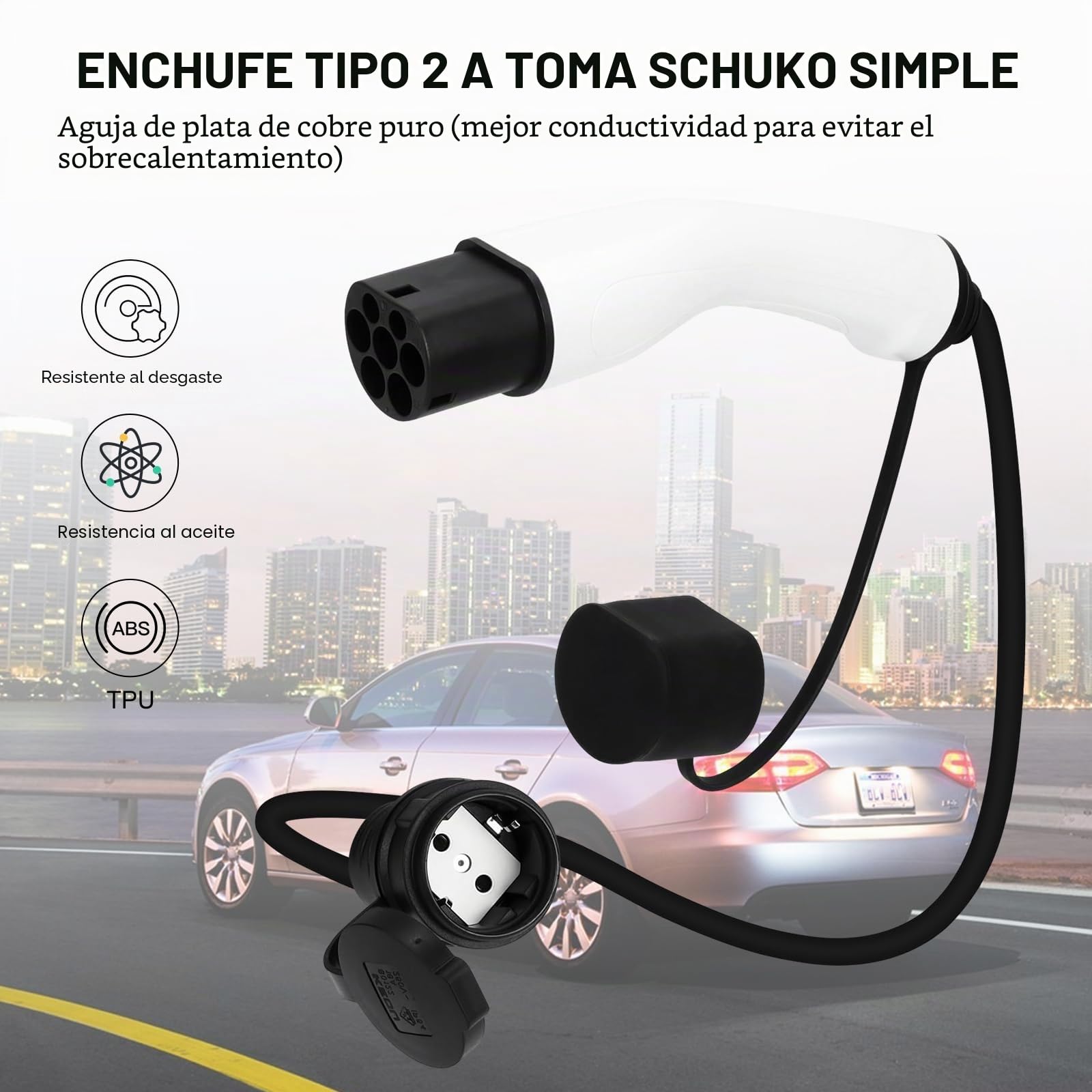 Cable de carga tipo 2 para EV, 3,5 kW 16 A 0,5 m 250 V cable de carga de coche eléctrico, tipo 2 a tipo 2 resistente al agua y a prueba de polvo, compatible con todos los modelos de tipo 2