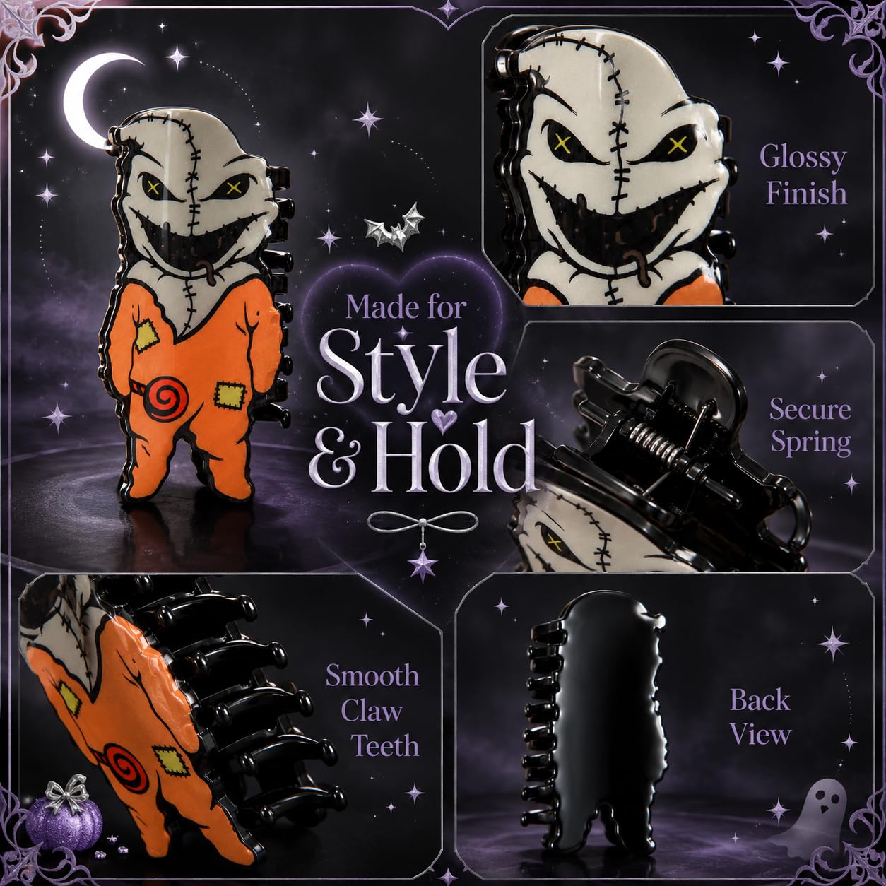 Halloween Gothic Claw Clips, Creepy Spooky Cartoon Clown Ghost Doll Non Slip Hair Clips, Horror Halloween Hair Accessories for Women Cosplay Party Fit Thick & Thin Hair image 5