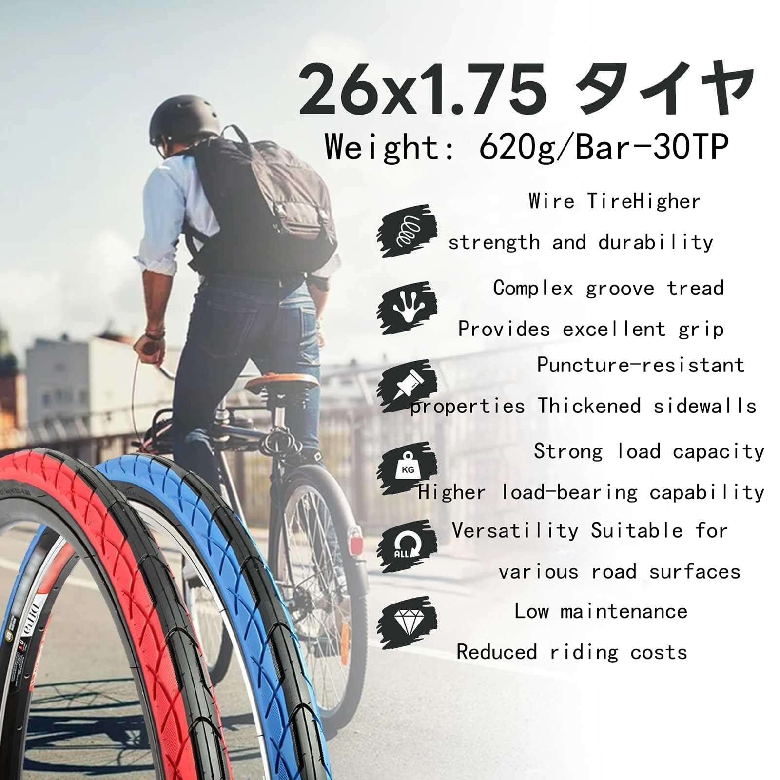 26x1.75 Opona Rowerowa Odporna na Przekłucia, Drutowa dla Rowerów Górzystych i Miejskich, Przyczepność we Wszystkich Warunkach(Blue,2PCS)