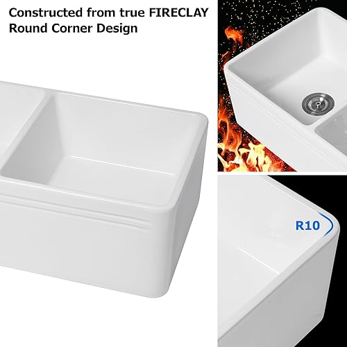 Miniatura 6 de Dcolora Fregadero de cocina de granja blanco de 33 pulgadas Delantal de fregadero de cocina de granja de cerámica blanca de arcilla refractaria de