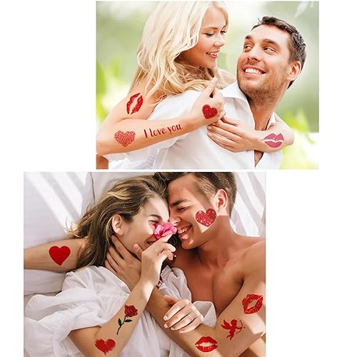 Miniatura 6 de mdgfge Tatuajes temporales para el día de San Valentín, corazones, labios rojos, calcomanías de tatuaje, besos, impermeables, tatuajes falsos para