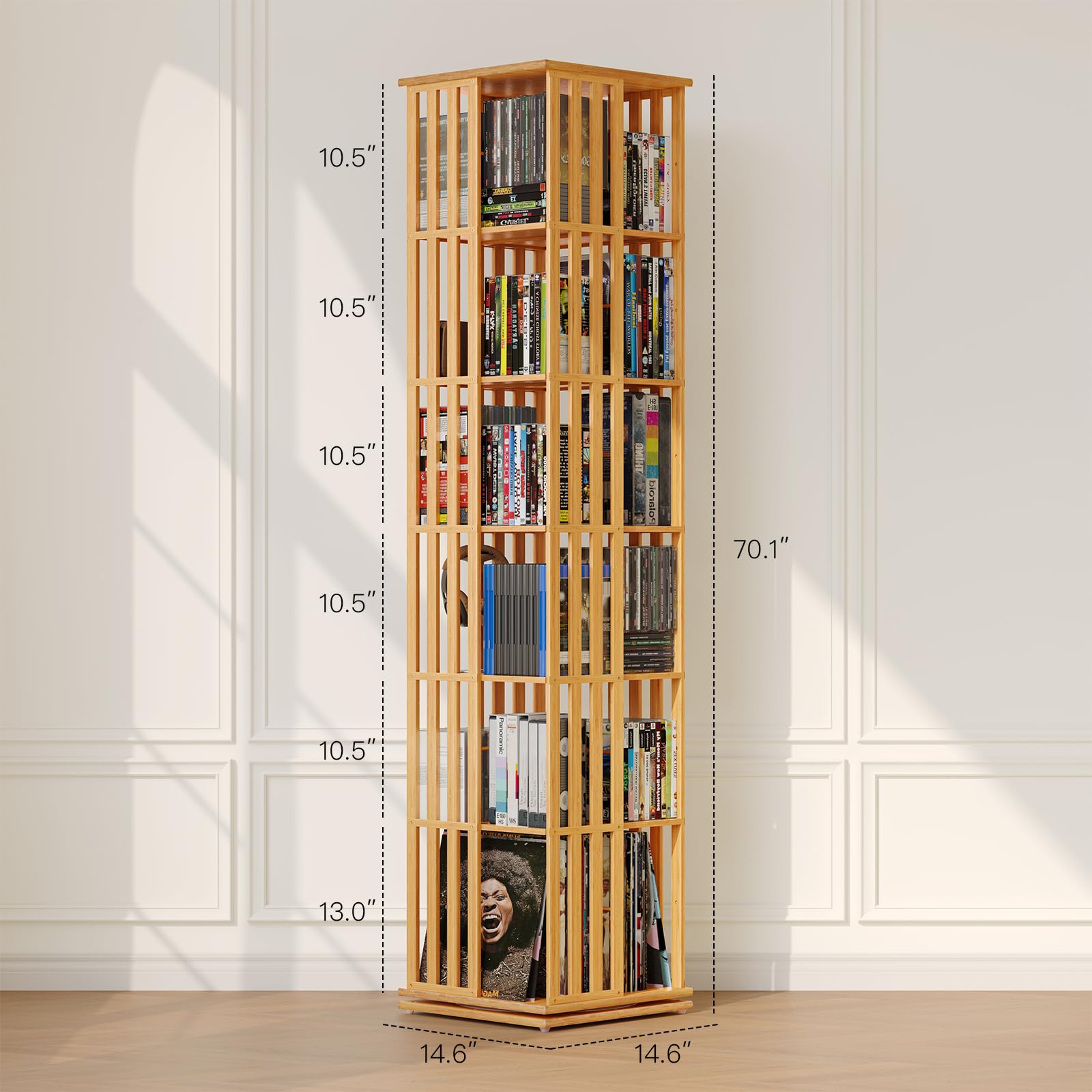 XIMN 360° Rotating Bamboo CD/DVD Shelf - 6-Tier Space-Saving Media Storage Cabinet for Movies, Organizer with Super Compact Design