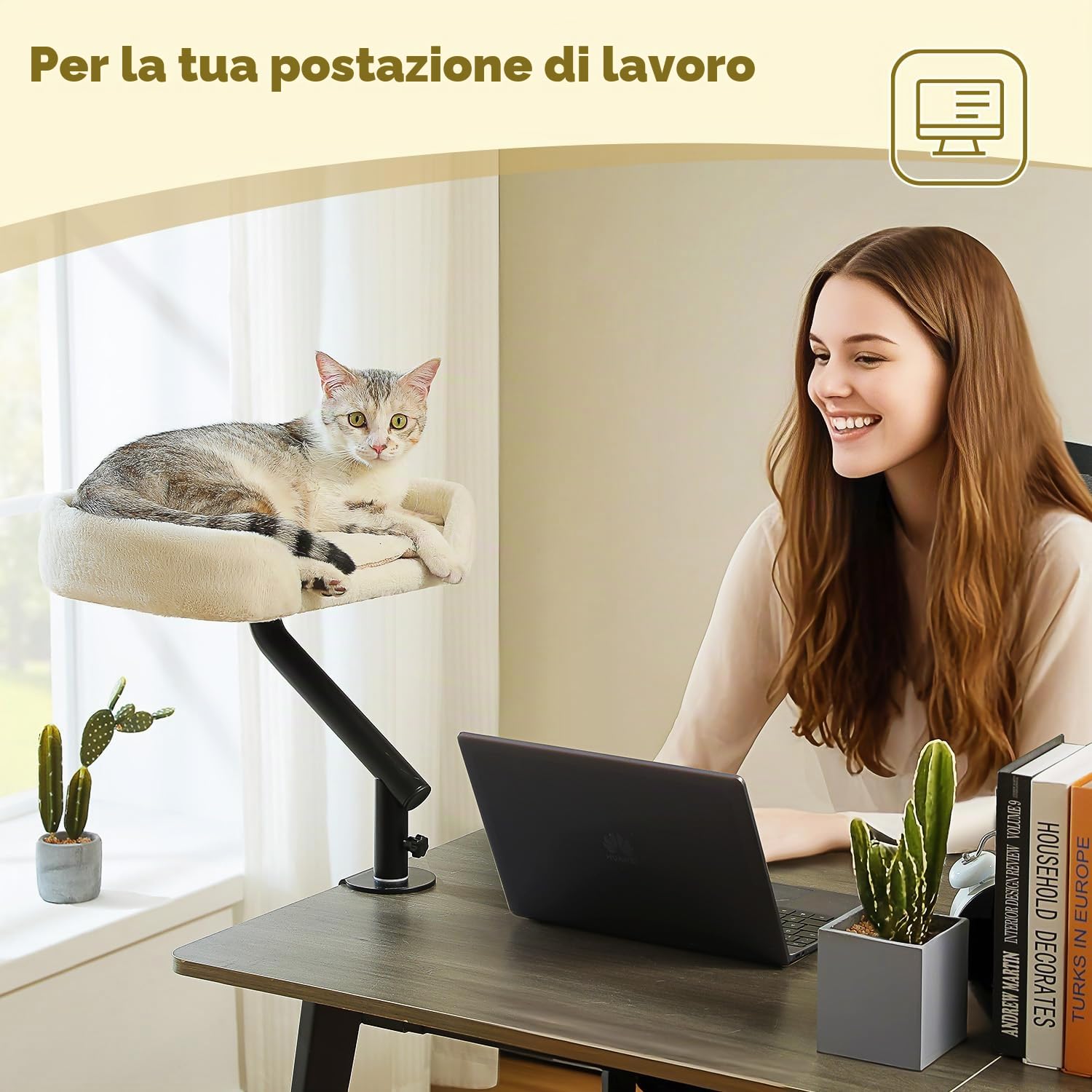 PAWZ Road Letto per gatti da ufficio con palla in peluche interattivo, cestino per letto girevole a 360°, amaca per gatti da graffiare, supporta fino a 22,5 kg, beige
