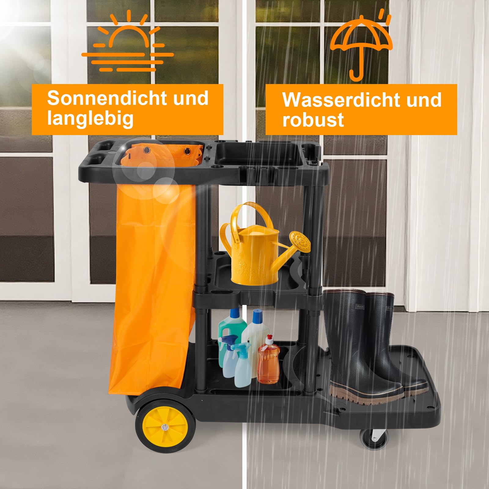 bimiti Profi Putzwagen Reinigungswagen mit extra groß Tasche, 113 x 56 x 93 cm, 3 Ebenen Reinigungswagen Putzwagen Haushaltswagen mit 4 Rollen, Große Kapazität 65 L Müllsack, Gelb + Schwarz