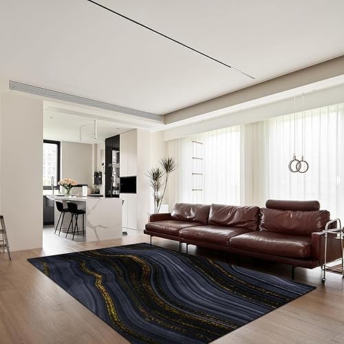 Miniatura 22 de Alfombras clásicas de mármol azul real, alfombra de lujo con tinta salpicada dorada para sala de estar, suave, lavable, resistente a la estilo-02