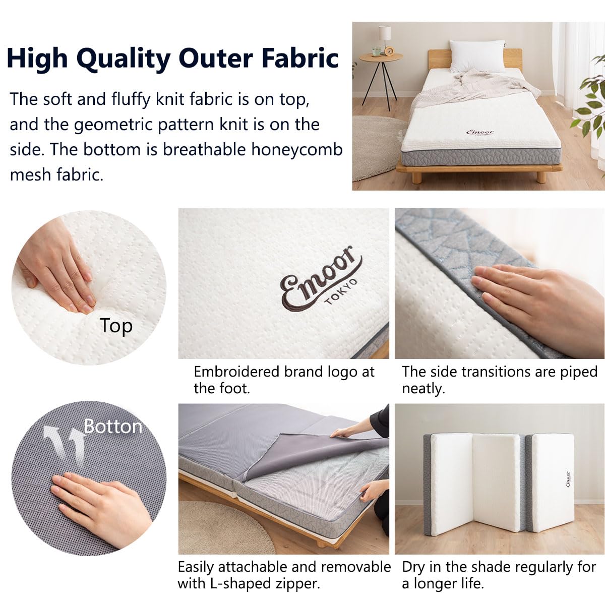 EMOOR Japanische Futonmatratze Dreifach Gefaltet Typ Premium 65 x 180 cm Weiß und Grau Hochdichter Extra Dicker Abnehmbarer Bezug Dreilagiger Urethanschaum