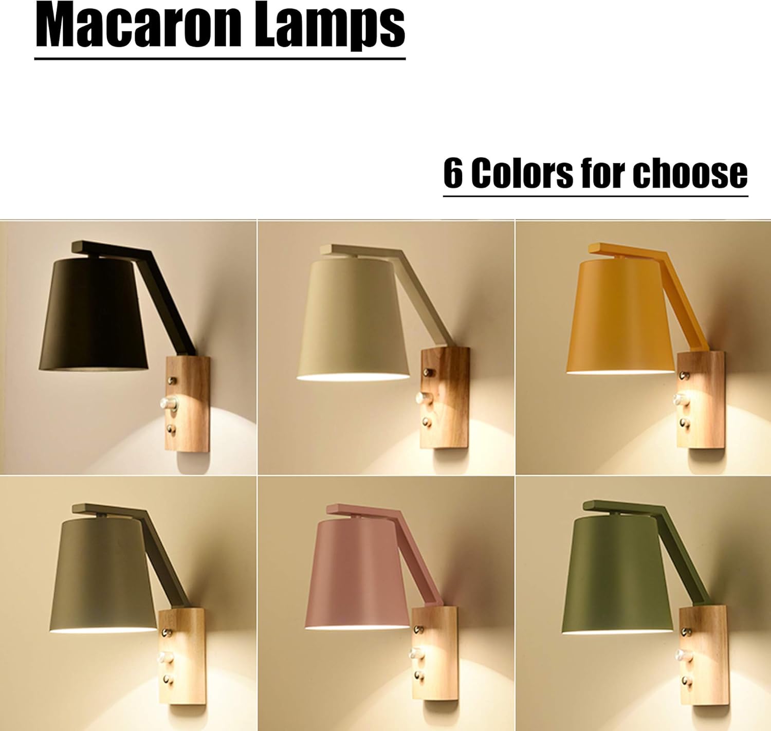 Colorful Nordic Style Wall Lighting with UL Plug-in Button Cord Macaron Black Minimalist Lights Fixtures Wooden Base Bedside Lamp for Bedroom Restaurant Bulbs Not Included